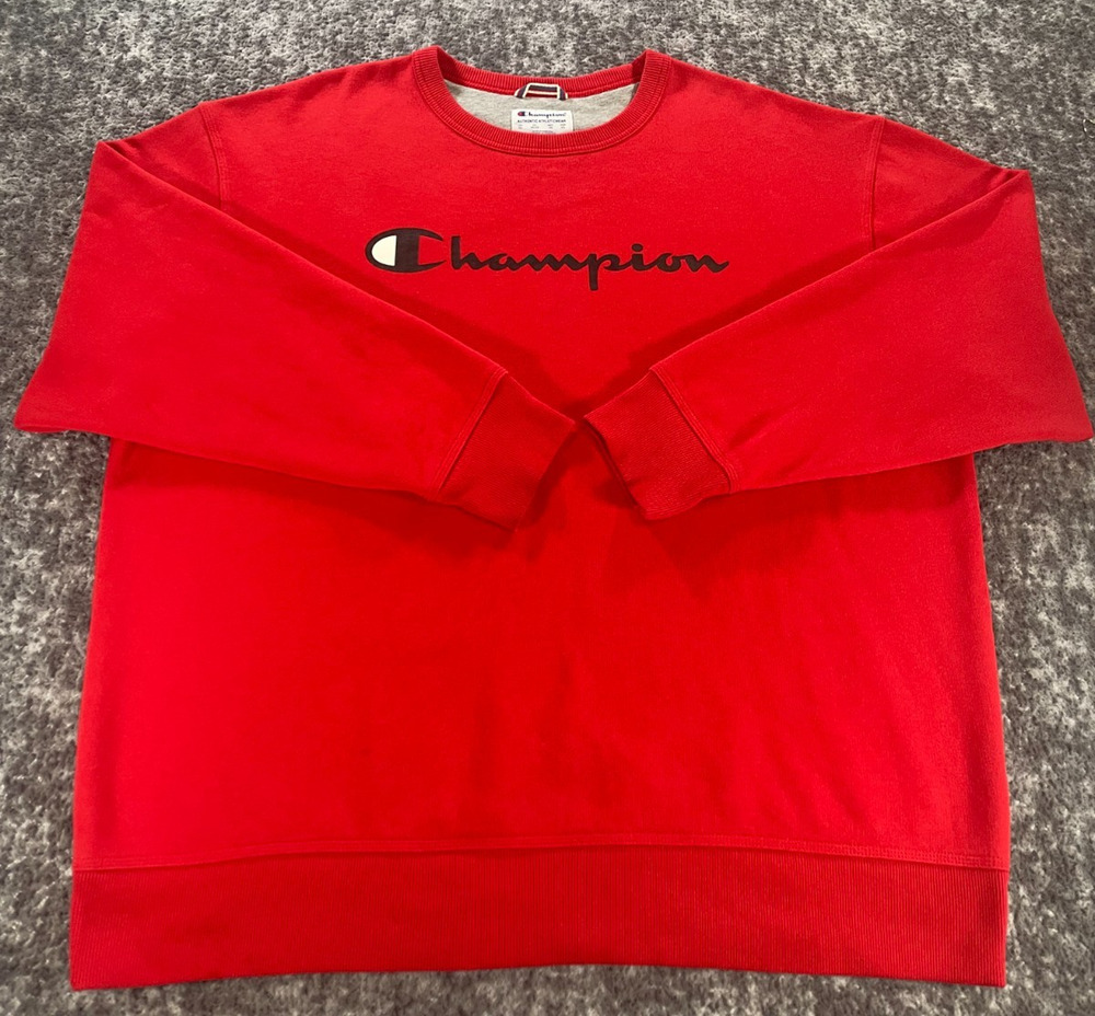 Champion Sweatshirt Mens 2XL Red Crewneck Big Logo Pullover Fleece Athletic